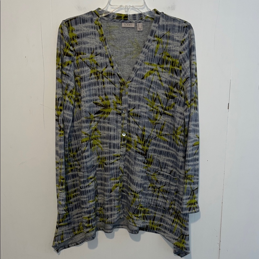 LOGO by Lori Goldstein Botanical Gray and Green Patterned Cardigan 0312269
